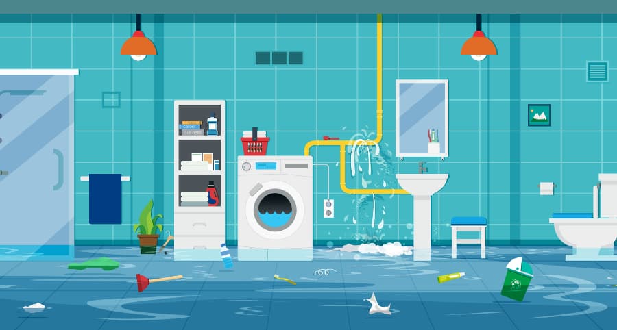 Illustration of flooding bathroom due to a burst pipe